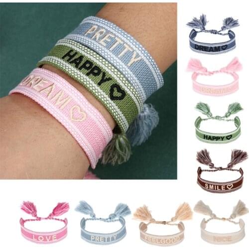 European and American Embroidered Letters Woven Tassel Bracelet Fashion Retro Wrist Band Bohemian Womens Ribbon Jewelry T21F