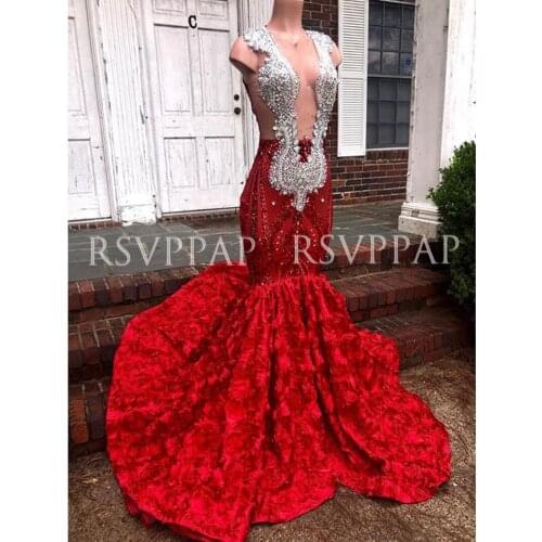 Red Mermaid Prom Dress Real Pictures Sexy Beaded And Sequin See Through Top 3D Flowers African Girl Long Prom Dresses 2021