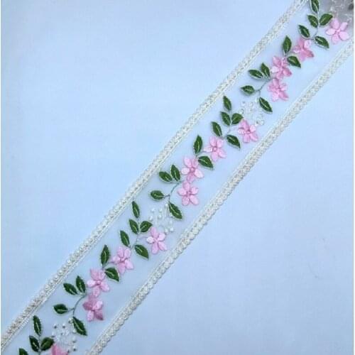 5Yds 9.5cm Wide Translucent Organza Pink Fluorescent Embroidery Floral Green Leaf High Quality Lace Fabrics Embroidered Lace