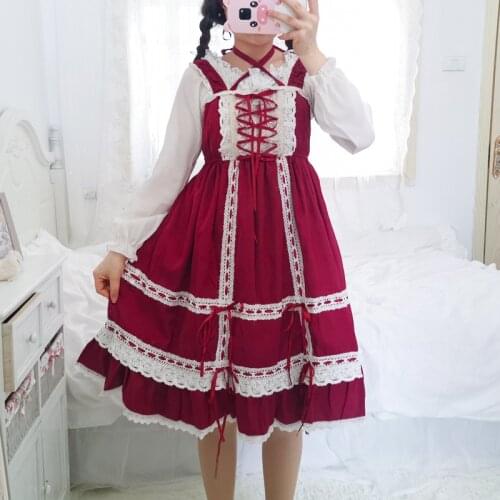 SWEETKAMA Bowknot Printing Thin Ribbon Lace Dress to Send Headdress Kawaii Girl Gothic Lolita