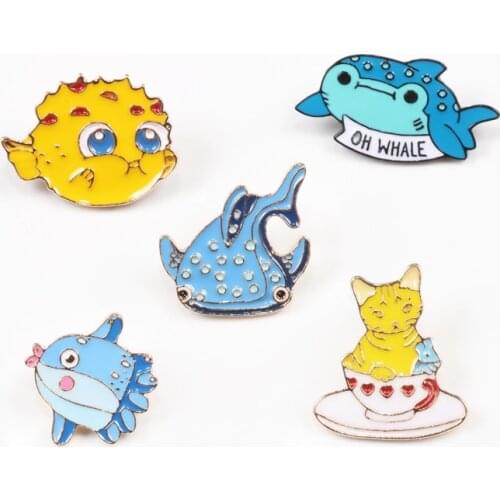 Cute Cartoon Sea Animal Pin Whale Shark Octopus Puffer fish Enamel Lapel Pins Clothes Bag Badges Brooches Jewelry Gifts for Kids