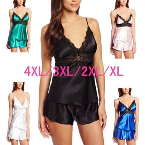 Plus Size 2XL Sleepwear Sexy Lace Pajama Set Womens Silk Feeling Pijamas Harnesses Cami+Shorts Pajamas For Women
