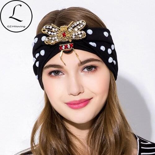 GZHILOVINGL 2018 New Fashion Girls Brand Bee Headband Turban Women Pearl Hair Accessories Stretch Elastic Wide Cotton Headbands