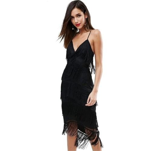 S Curve Cut-out Back Cami Straps Black Fringe Mesh Strappy Midi Bandage Dress