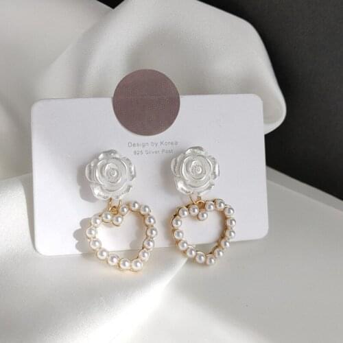 S925 silver needle white rose pearl earrings South Korean temperament web celebrity love heart shaped earrings