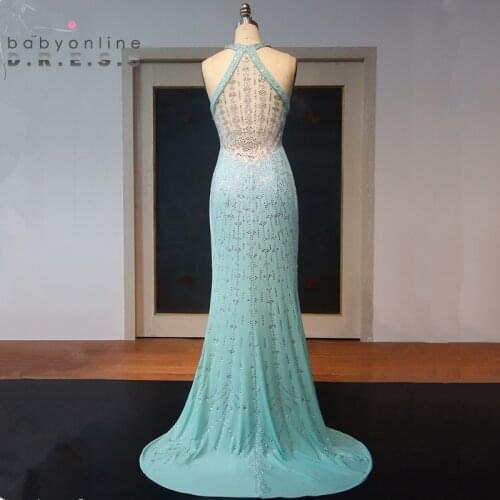 Sexy Transparent Back Halter Neck Mint Green Prom Dresses Long Luxury Beaded Crystals Evening Party Dresses wtih Train