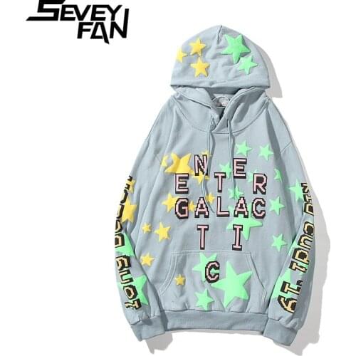 SEVEYFAN Kanye Letters Foam Sweatshirts Mens Hip Hop Cotton Hoodies Big Pockets Pullovers