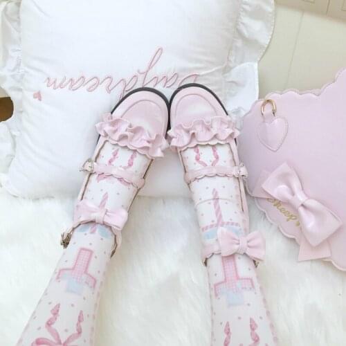 Sweet Buckle Strap Lolita Shoes Woman Solid Color Lace Low Heel Women Pink Lolita Shoes Kawaii Anime Cosplay Lolita COS Footwear