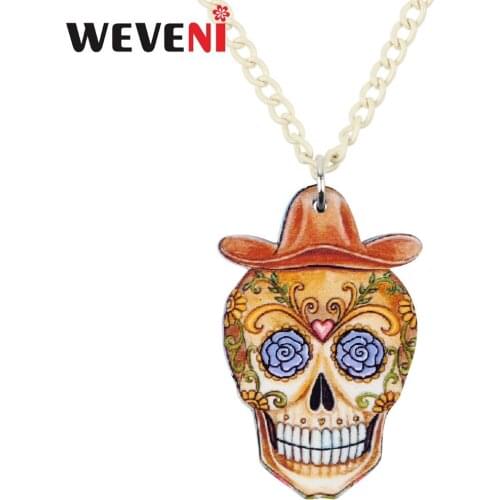 WEVENI Statement Acrylic Halloween Cowboy Skeleton Skull Necklace Pendant Trendy Jewelry Chain Charms For Women Girls Collier