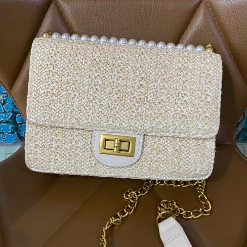 Pearl decoration Handbag Rattan Woven Straw Bag For Women Crossbody Shoulder Bag Summer Seaside Vacation Pearl Female bag