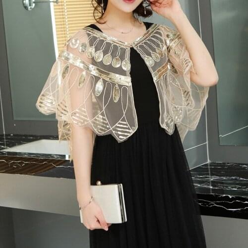 Womens 1920s Vintage Sequined Single Button Batwing Sleeve Beading Silver Champagne Black Plus Size Summer Short Shawl 9625