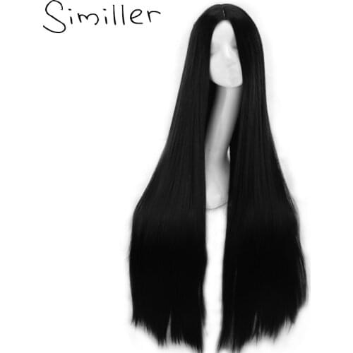 Similler 100cm Black Synthetic Cosplay Wig for Women Halloween Party Middle Parting