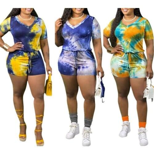 Women Oversize Playsuit Tie-dyed Printed Pattern Women Bodysuit Short Sleeve V-neck Tight Jumpsuit Plus Size Outfits S-XXXXL