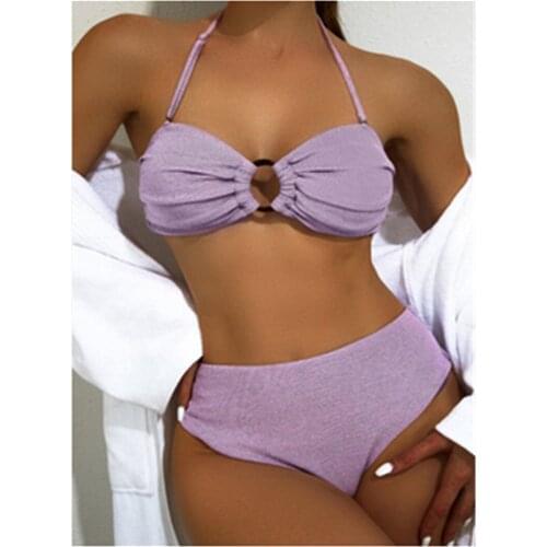 Women Beach Swimwear 2PCS Bikini Set Solid Purple Ring Halter Tops and High Waist Briefs With Chest Pad Sexy Bathing Swimsuits