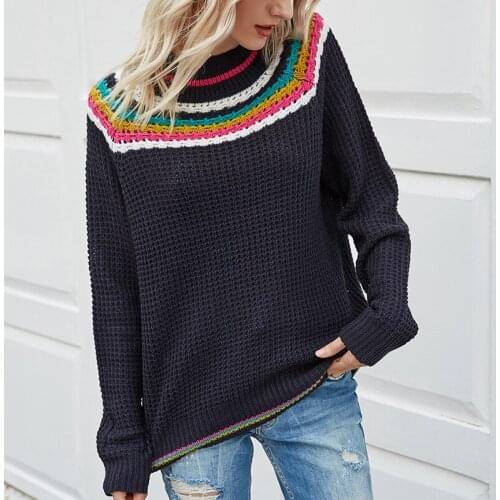 Womens Rainbow Striped Sweaters Autumn Winter Ladies Long Sleeve Contrast Color Knitted Shirt Females Pullover Tops Jumpers