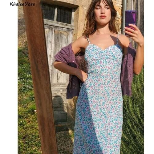 KHALEE YOSE Blue Floral Women Dress Vintage Strappy Midi Dress Summer Casual Chic Backless Sexy Holiday Runway Elegant Dress