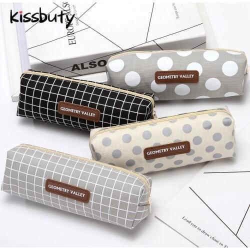 1PC Small Fresh Round Point Lattice Pencil Case High Capacity Canvas Material Pencil Bag Office Stationery And School Supplies