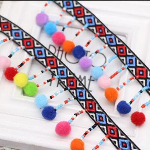 10Yards Bohemian Ethnic Fringe Macrame Ribbons Hair Ball Tassel Lace Trim Pompom Beads Pendant Collars Bags Clothing Accessories