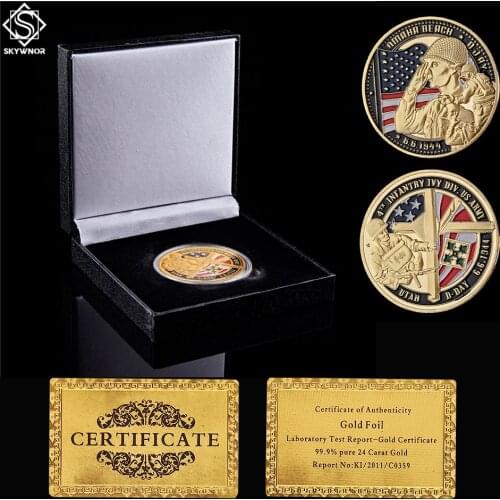 1944.6.6 4th Infantry Ivy Div US Army Challenge Gold Utah D-Day Commemorative Coin W/ Luxury Box
