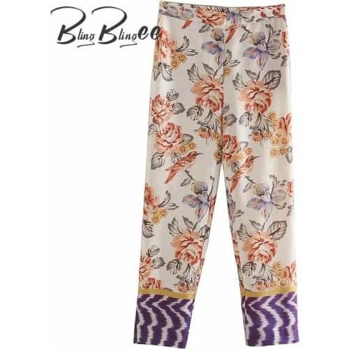BlingBlingee Floral Print Summer Casual Ankle Length Straight Pants Fashion Elastic Spliced Waistband Women Suit Pant Female