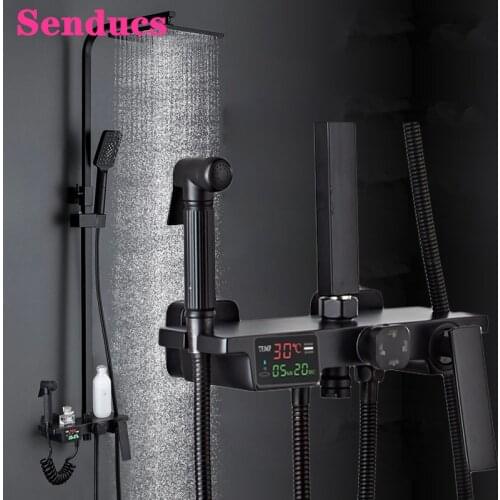 Digital Shower Set Senducs Hot Cold Black Bronze Bathroom Shower System Quality Brass Bathtub Faucets Thermostatic Shower Set