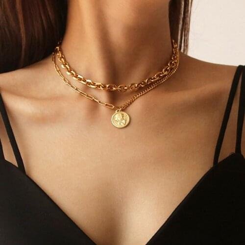 European And American Personality Ladies Necklace Thick Chain Angel Wheel Coin Retro Brass Plating Punk