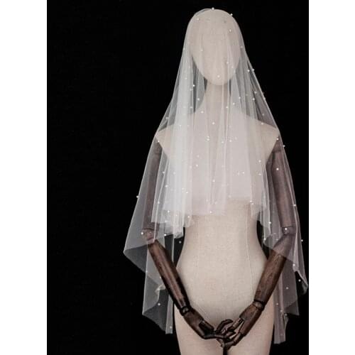 Wedding Veil Short Bridal Veil Face-Covered Blusher Veil with Pearls One Layer Lace Square Champagne White Ivory velo de novia