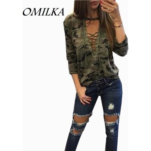 OMILKA Long Sleeve Shirt Women 2017 Autumn Lace Up Camouflage Printed T Shirt Casual Green Gray Harajuku Club Party T Shirt