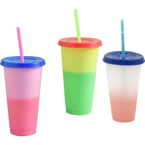 Color Changing Cold Drink Cups Reusable Temperature-Sensitive Plastic Colorful Coffee Cup with Lids and Straws