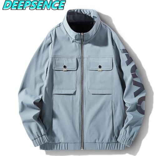 Men Casual Fashion Jacket Autumn Cargo Style Coat Men Stand Zipper Lettrt Pockets Loose Fit Streetwear Jacket Outerwear Men