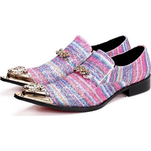 Colored striped gold chain mens shoes low heel Evening Party Hairdress Sexy men Shoes Gold toe gold chain fashion shoes