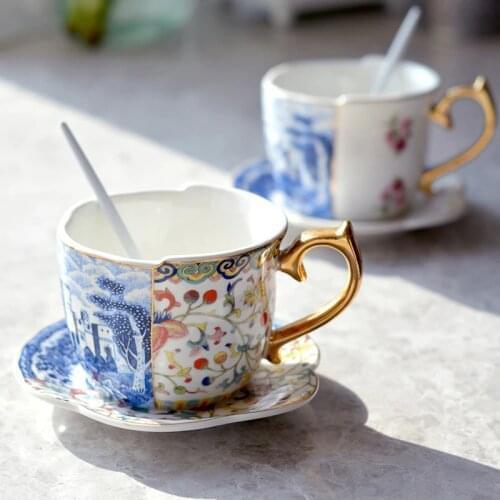 European style gold tracing blue and white retro light luxury ceramic coffee cup and saucer set afternoon tea cup cup and saucer