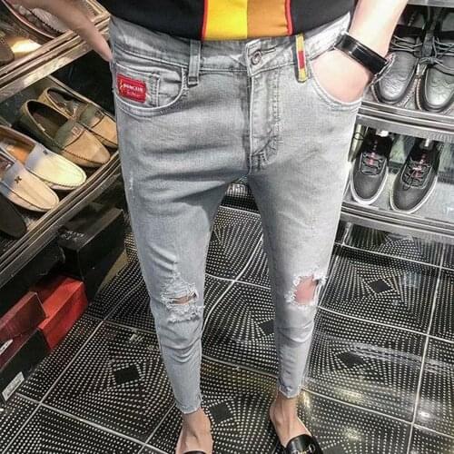 New 2021 Fashion ripped jeans mens hole street hip hop grey little feet student social guy Korean all-match casual pencil jeans