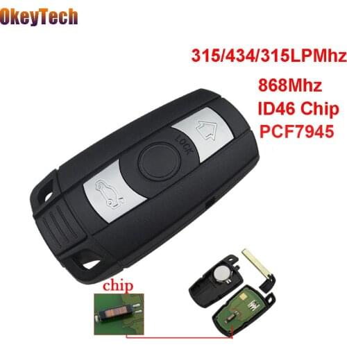 OkeyTech 3 Button 315MHZ 433MHZ 868MHz For BMW 3 5 Series X1 X6 Z4 CAS3 ID46 PCF7945 Chip Car Remote Smart Key Card with Blade