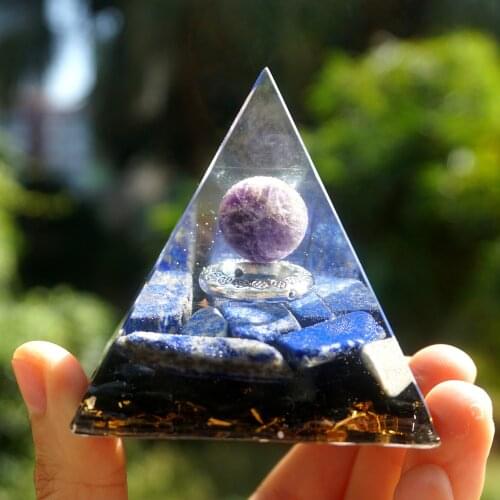 Handmade Orgonite Pyramid 60mm Amethyst Crystal Sphere with Silver Ring HEALING Cristal Reiki Orgone Chakra EMF Protection