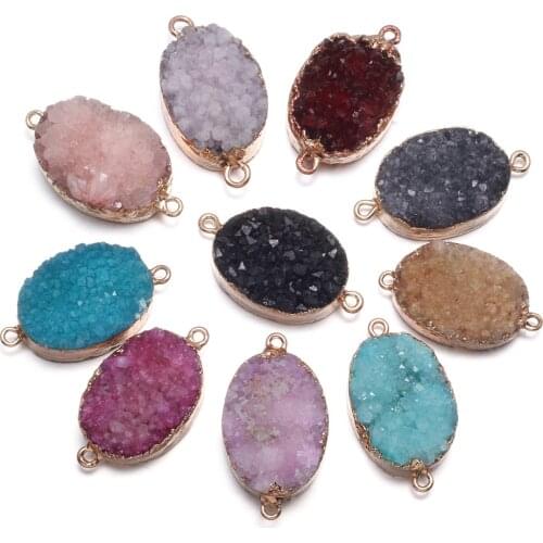 Natural Pink Agates Blue Agates Druzy Slice Connectors Plated Gold Pendant Connectors for DIY Jewelry Necklace Bracelets Making