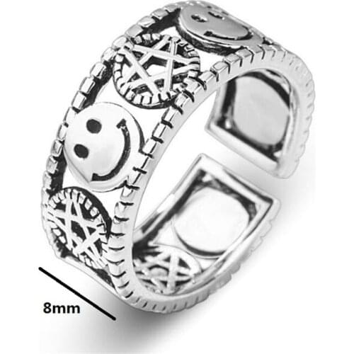 Vintage Hollow Star Smiling Face Pentagram Finger Rings For Fashion Women Men Punk Silver Color Open Jewelry Unique Gifts