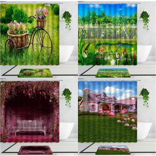 3D European Rural Town Street Landscape Printing Bathroom Waterproof Shower Curtains Decor Curtain Anti-Slip Carpet Bath Mats