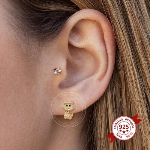 925 Sterling Silver Ear Needle Cute tiny Kitty luxury Crystal Stud Earrings for Maiden Fashion Temperament Birthday Gift Earring