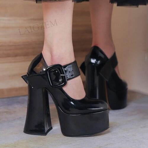 LAIGZEM Women Pumps Shiny Chunky Thick Heels Slides Mary Janes Sandals Slip On 2021 Summer Black Red Shoes Woman Size 35 41 42