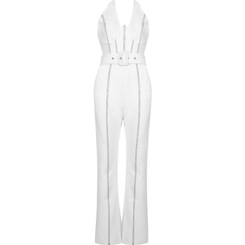 2021 New Summer Women Halter Bandage Jumpsuits With Sashes Sexy V Neck Sleeveless Long Pants Club Party Rompers Jumpsuits