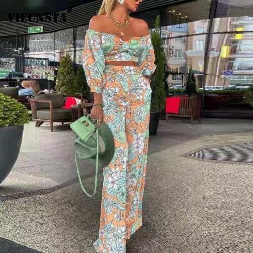 Women Beach Holiday Two Piece Sets Sexy Deep V-neck Tie-up Hollow Out Top and Ruffle Pants Suit New Spring Summer Casual Outfits
