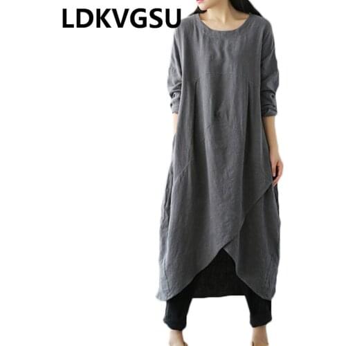 Women Dresses New Spring Summer Simple Loose Waist Cotton Linen Irregular Dress For Party Vestidos Female Large Size 5XL Is363