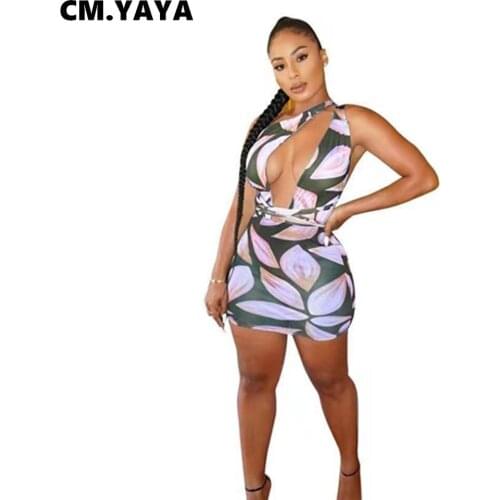 CM.YAYA Women Dress Print Sleeveless One Shoulder Cut Out Bandage Backless Stretchy Bodycon Mini Dresses Sexy Vestidos Summer