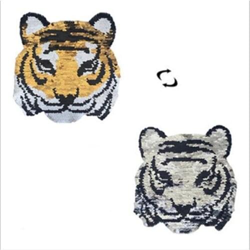 1pcs Tiger Change Color Sequins Patches Embroidered Reversible Badge Fabric Applique