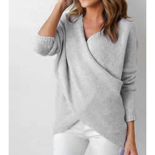 2018 V-neck Long Sleeve Knitted Sweaters women Pullovers Fashion sweater Winter Autumn gray jumper tops Pullover Women Clothes