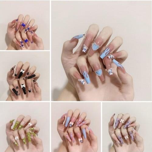 24 Pcs Blue Flame Pearl Decoration Ballet Coffin Fake Nails Flower Love Pattern Design Press On Nail Art Tips Manicure Tools