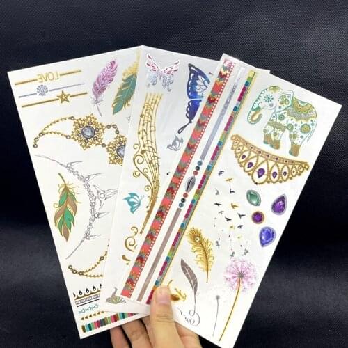 3PCS Hot Flash Metallic Waterproof Temporary Tattoo Gold Silver Elephant Tatoo Women Henna Flower Taty Design Tattoo Sticker