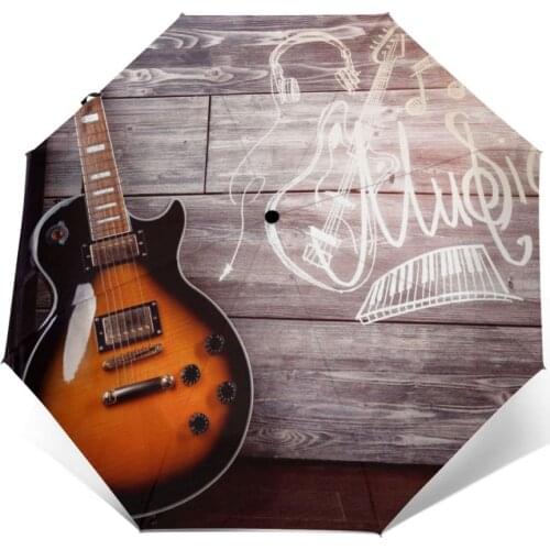 Automatic Umbrella Rain Three-folding Umbrella Guitar With Bright Sketch Interior Windproof Umbrella Female Waterproof parasol
