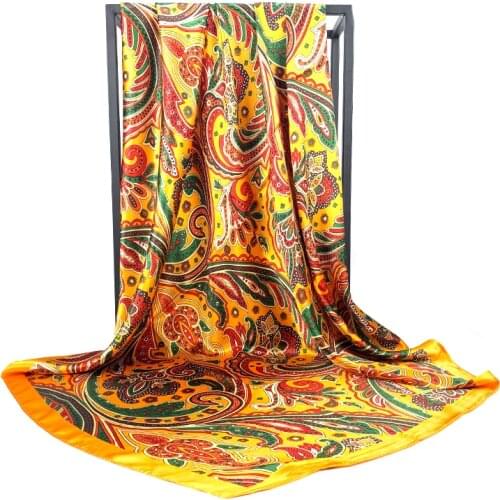 Large Hijab Scarves For Women Fashion Print Silk Satin Scarf Female 90X90CM Luxury Brand Square Shawls Head Scarfs For Ladies